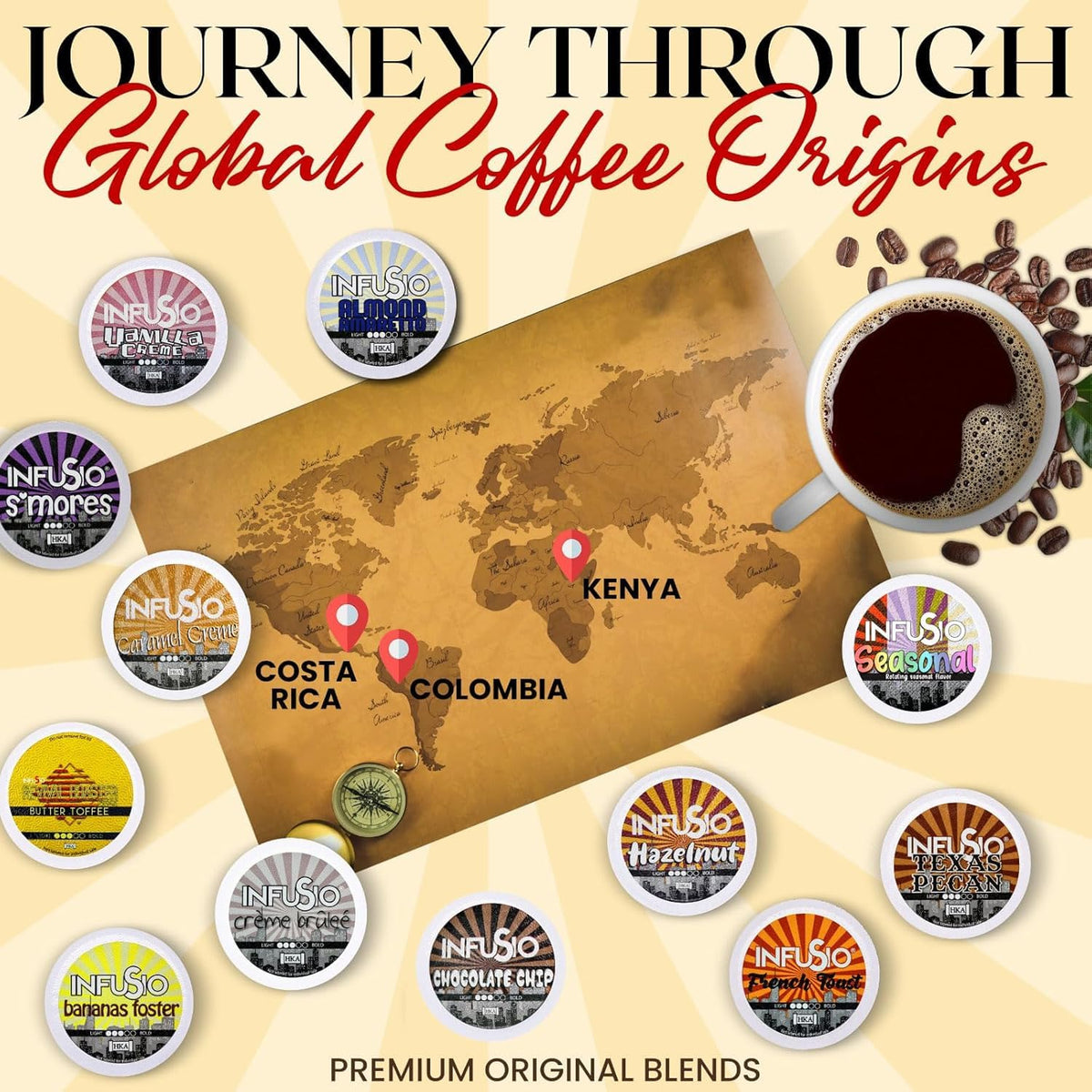 InfuSio Flavored Coffee Pods Variety Pack – 48 Cups, 12 Gourmet Medium Roast Dessert-Inspired Flavors, Keurig K-Cup 2.0 Compatible