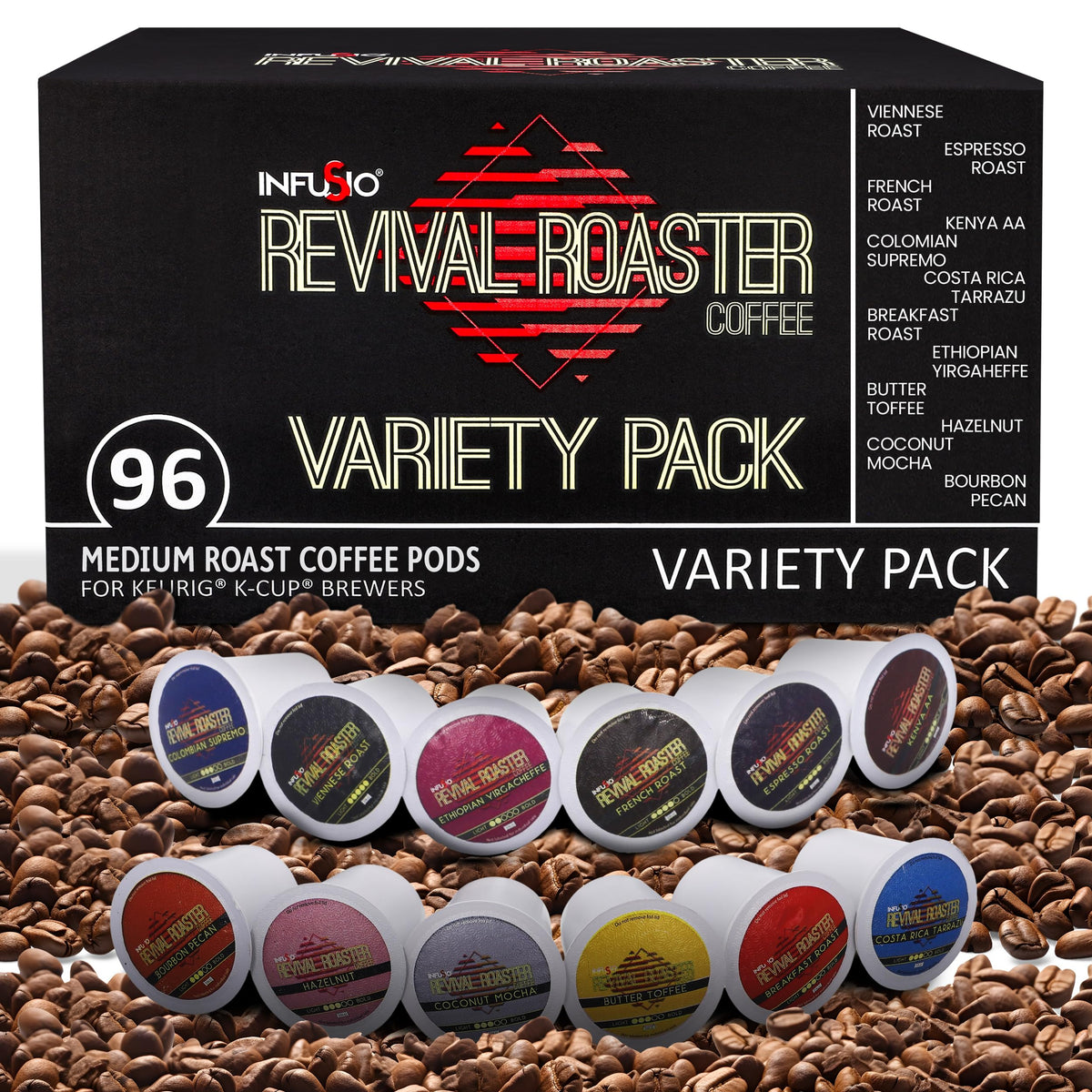 InfuSio Coffee Pods Variety Pack – 96 Count, 12 Flavors, Keurig 2.0 Compatible