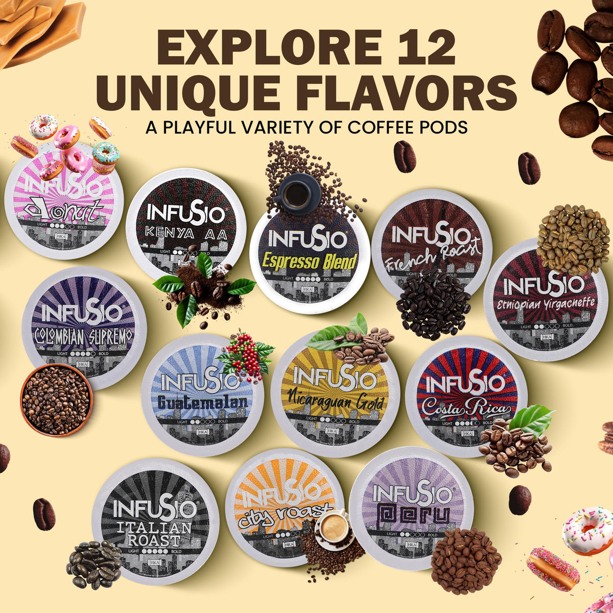 InfuSio Coffee Pods Variety Pack – 96 Count, 12 Premium Blends, Keurig Compatible