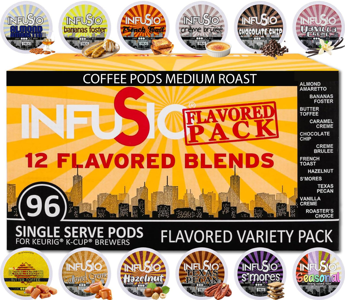 InfuSio Flavored Coffee Pods Variety Pack – 96 Count, 12 Gourmet Medium Roast Flavors, Keurig K-Cup Compatible