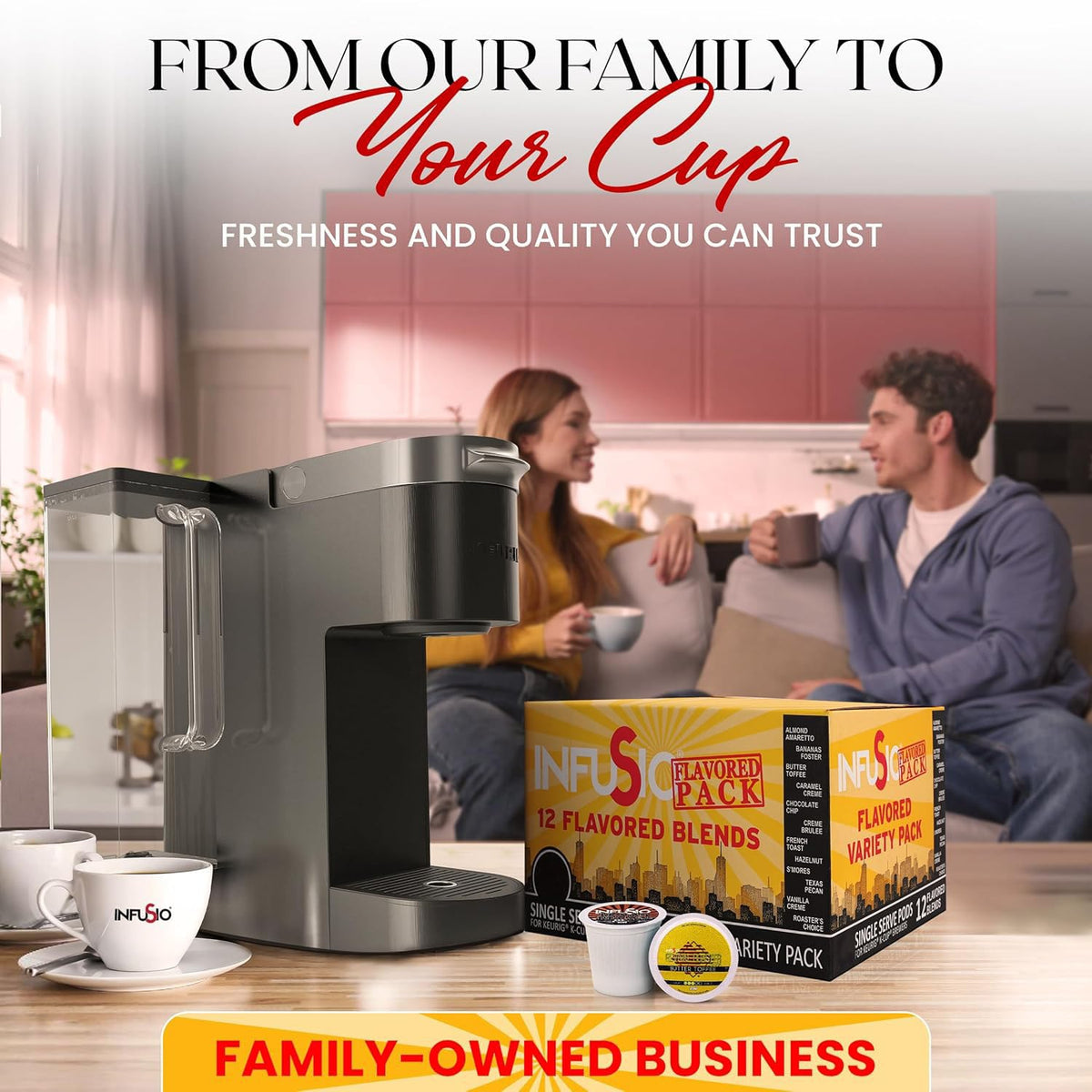 InfuSio Flavored Coffee Pods Variety Pack – 48 Cups, 12 Gourmet Medium Roast Dessert-Inspired Flavors, Keurig K-Cup 2.0 Compatible