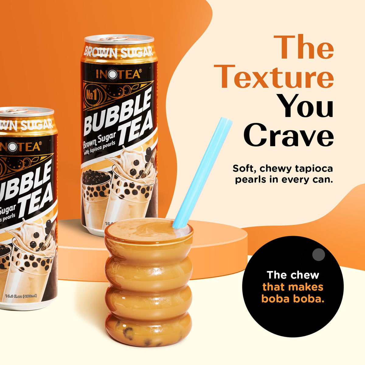 INOTEA Bubble Tea with Tapioca Pearls – Ready-to-Drink Brown Sugar Boba, 16.6 oz Cans (12-Pack)
