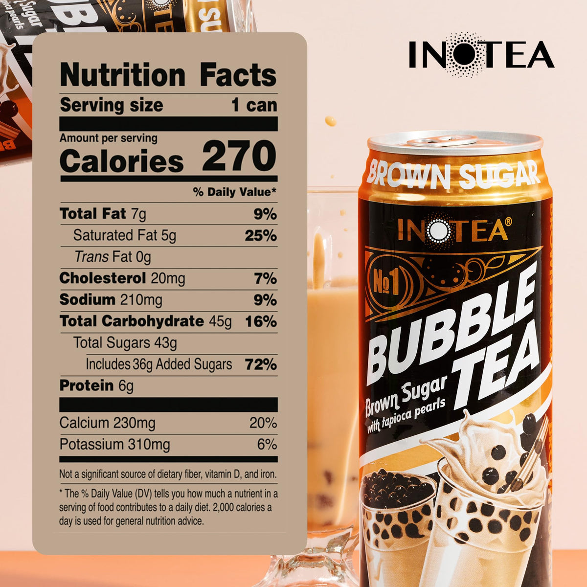 INOTEA Bubble Tea with Tapioca Pearls – Ready-to-Drink Brown Sugar Boba, 16.6 oz Cans (12-Pack)