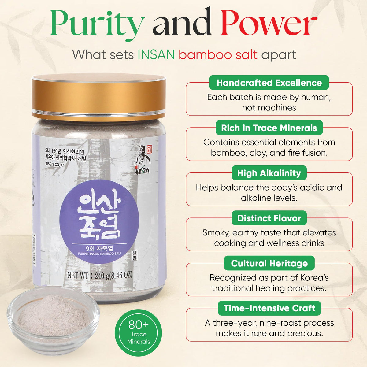 Insan 9X Roasted Bamboo Salt – Korean Alkaline Mineral Sea Salt (240g) for Cooking, Beauty & Skincare