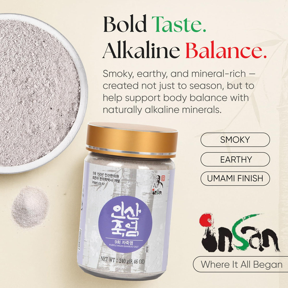 Insan 9X Roasted Bamboo Salt – Korean Alkaline Mineral Sea Salt (240g) for Cooking, Beauty & Skincare