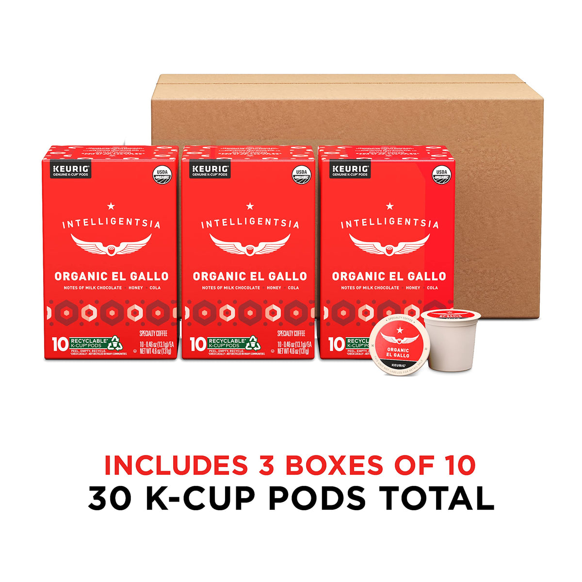 Intelligentsia El Gallo Organic Light Roast K-Cups — 3 Boxes of 10 | Milk Chocolate, Honey, Cola