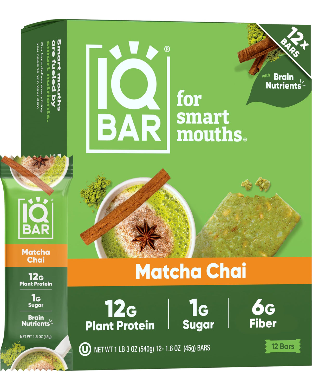 IQBAR Clean Plant Protein Bars - Matcha Chai | 12 Count Keto Vegan Low Sugar