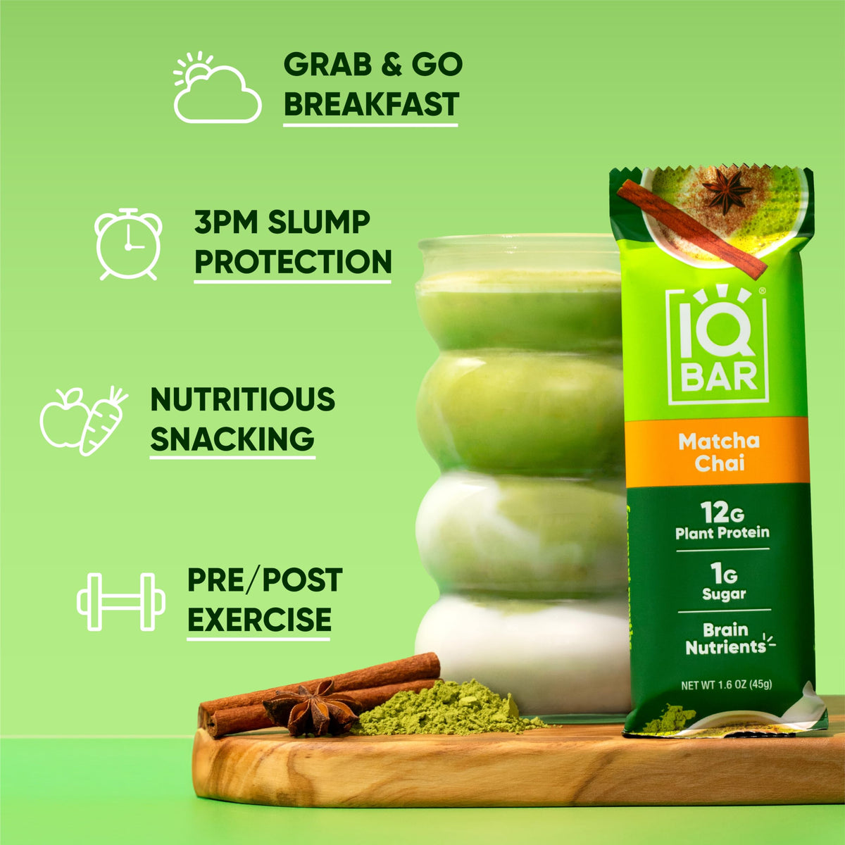 IQBAR Clean Plant Protein Bars - Matcha Chai | 12 Count Keto Vegan Low Sugar