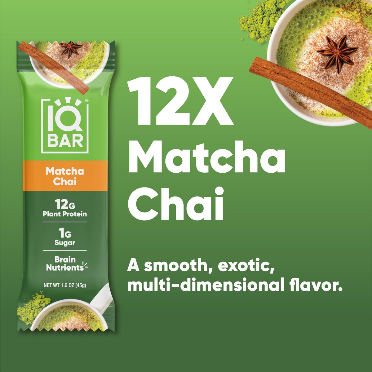IQBAR Clean Plant Protein Bars - Matcha Chai | 12 Count Keto Vegan Low Sugar