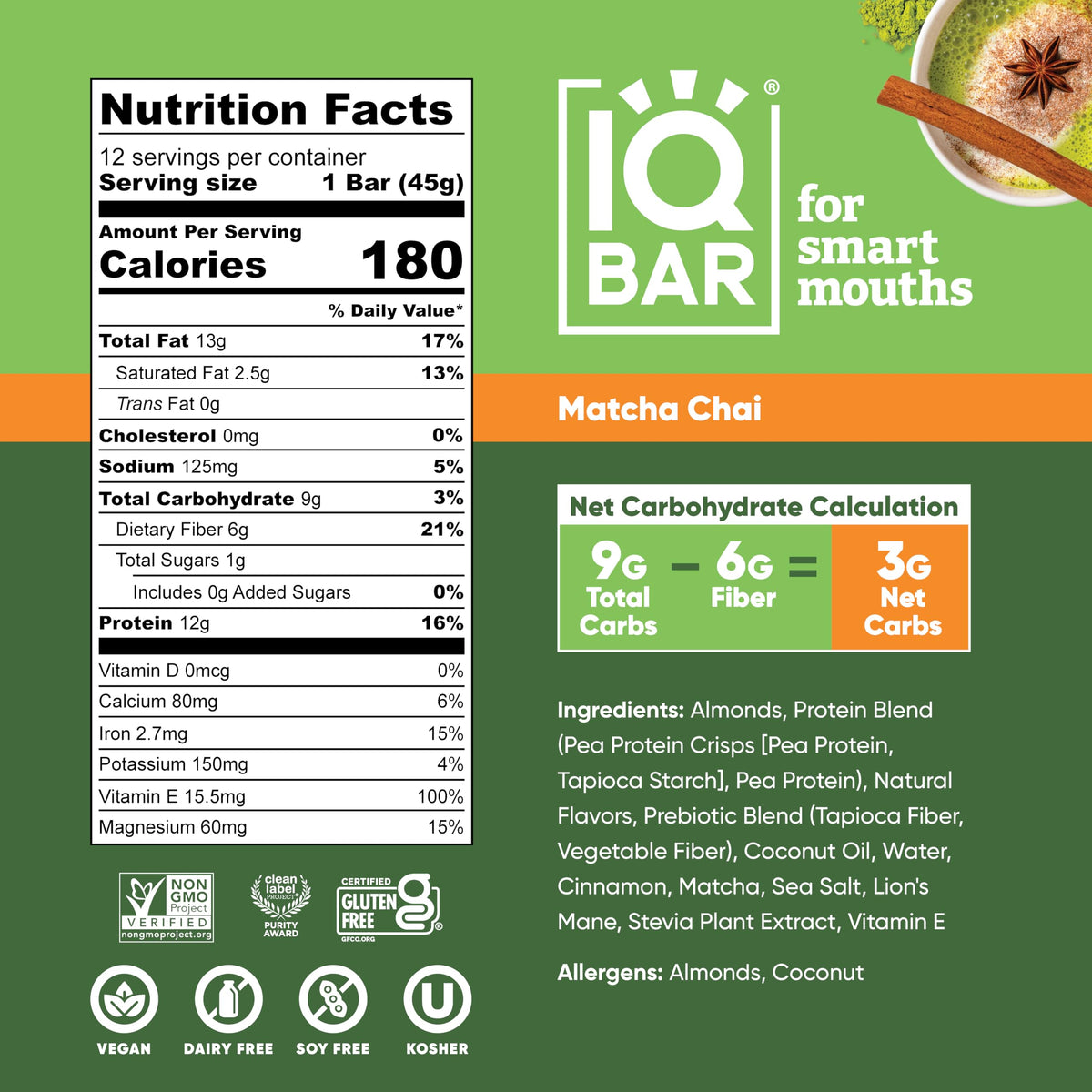 IQBAR Clean Plant Protein Bars - Matcha Chai | 12 Count Keto Vegan Low Sugar
