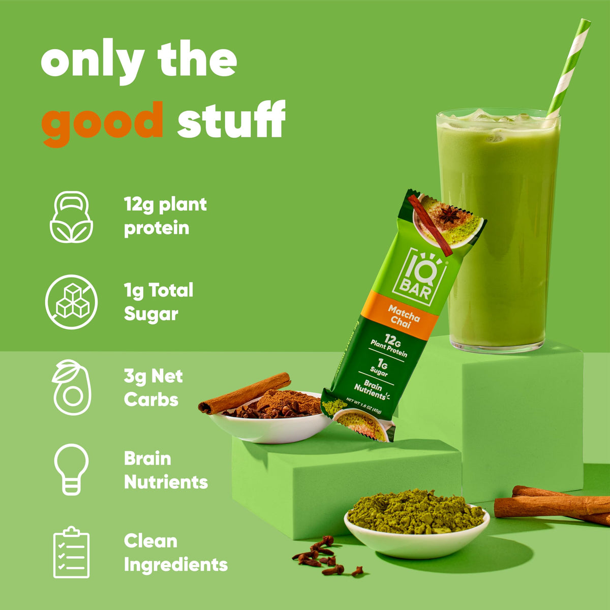 IQBAR Clean Plant Protein Bars - Matcha Chai | 12 Count Keto Vegan Low Sugar