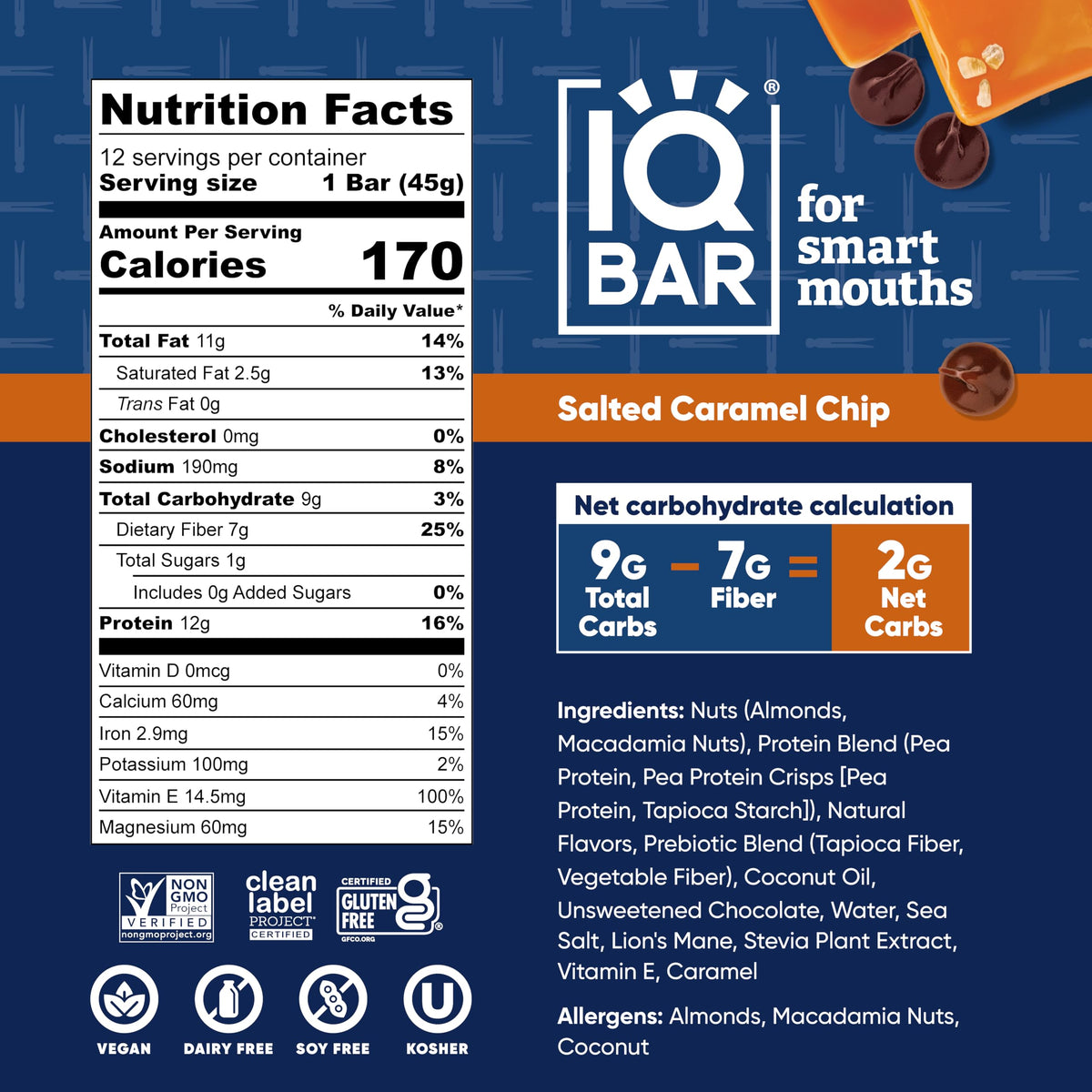 IQBAR Clean Plant Protein Bars - Salted Caramel Chip (12 Count) | Keto, Vegan, Gluten & Dairy Free