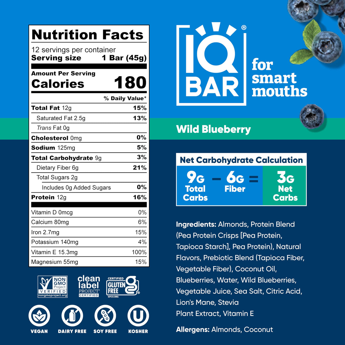 IQBAR Clean Plant Protein Bars - Wild Blueberry | Keto, Vegan, Gluten & Dairy Free, 12 Count