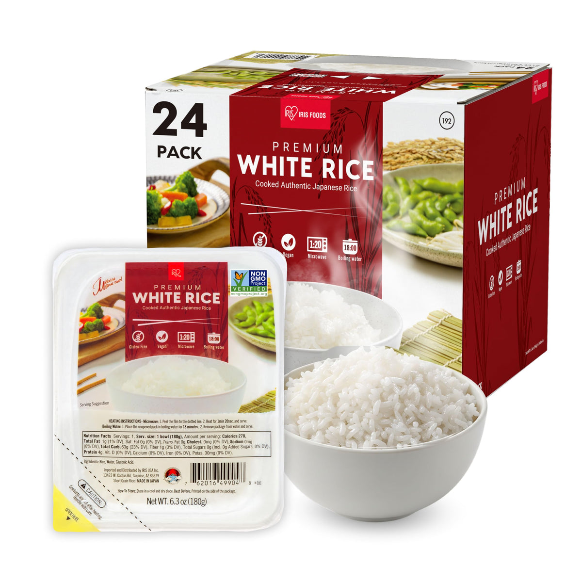IRIS USA Instant White Rice (24 Pack) – Ultra Premium Japanese Short-Grain, Microwave in 80 Seconds, Non-GMO Gluten Free & Vegan