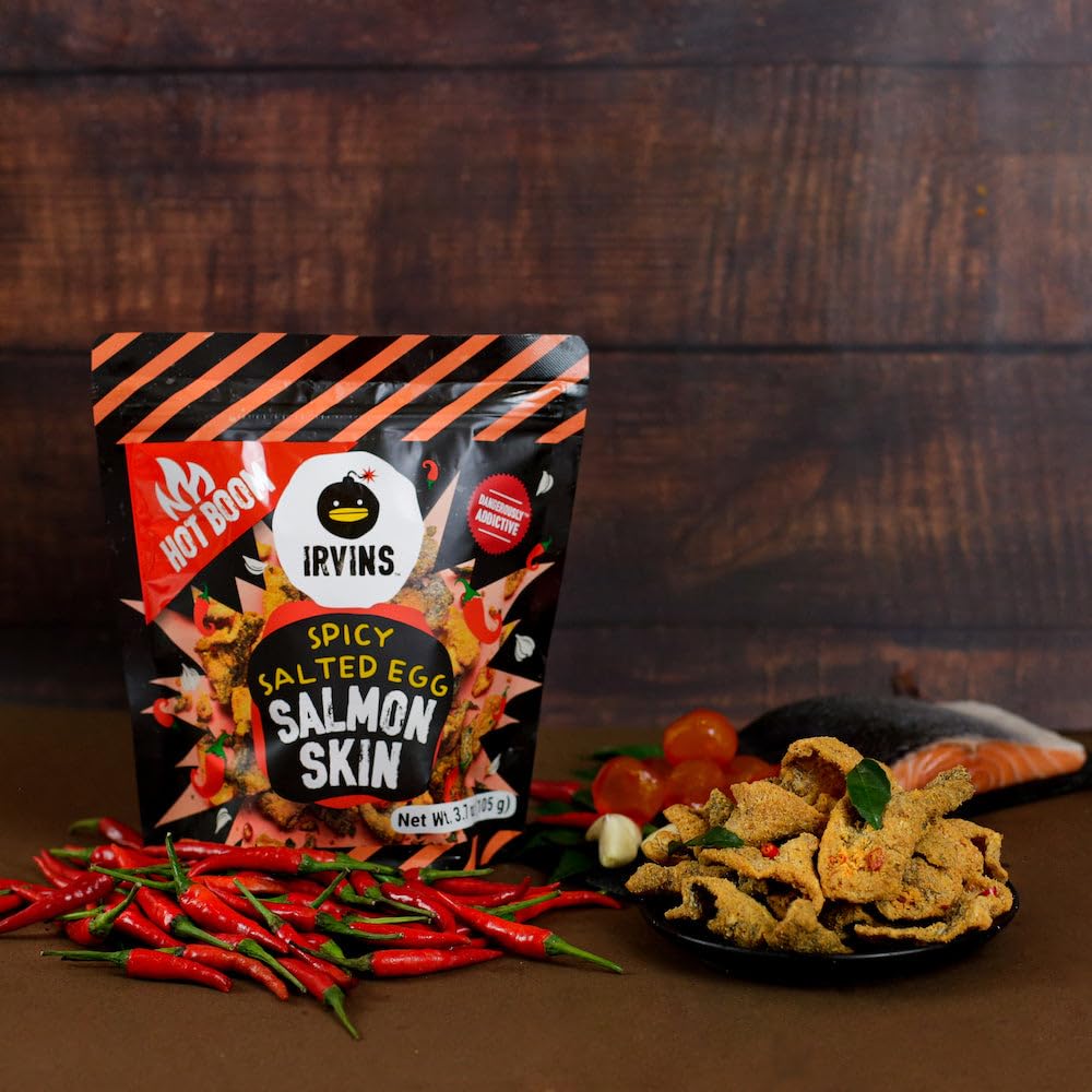 IRVINS Hot Boom Spicy Salted Egg Salmon Skin Chips – Hand Crafted, Halal, Keto-Friendly High-Protein Snack (3x3.3 oz)