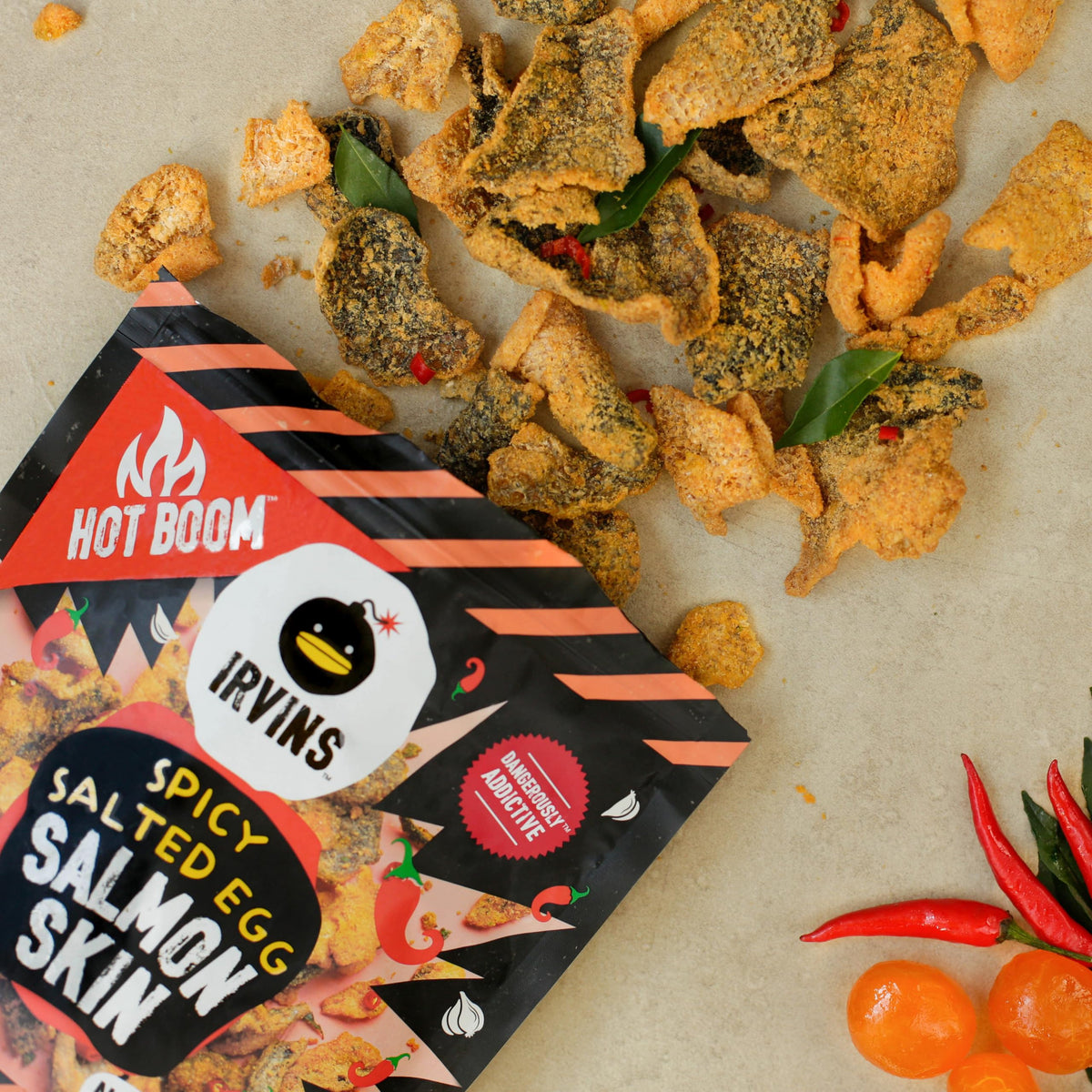 IRVINS Hot Boom Spicy Salted Egg Salmon Skin Chips – Hand Crafted, Halal, Keto-Friendly High-Protein Snack (3x3.3 oz)