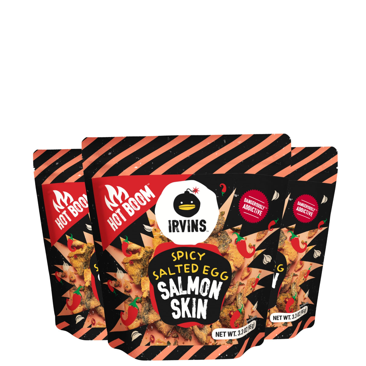 IRVINS Hot Boom Spicy Salted Egg Salmon Skin Chips – Hand Crafted, Halal, Keto-Friendly High-Protein Snack (3x3.3 oz)