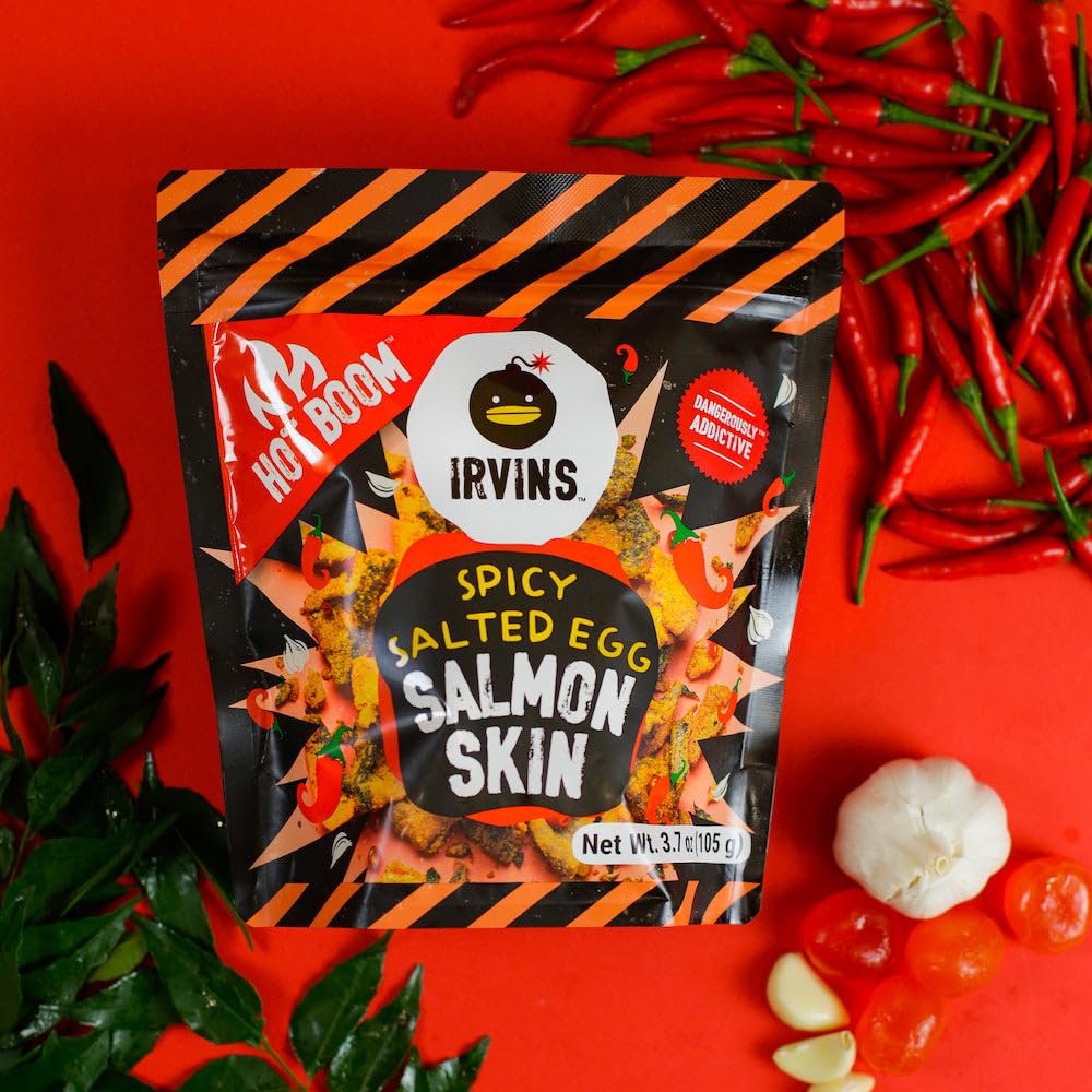 IRVINS Hot Boom Spicy Salted Egg Salmon Skin Chips – Hand Crafted, Halal, Keto-Friendly High-Protein Snack (3x3.3 oz)