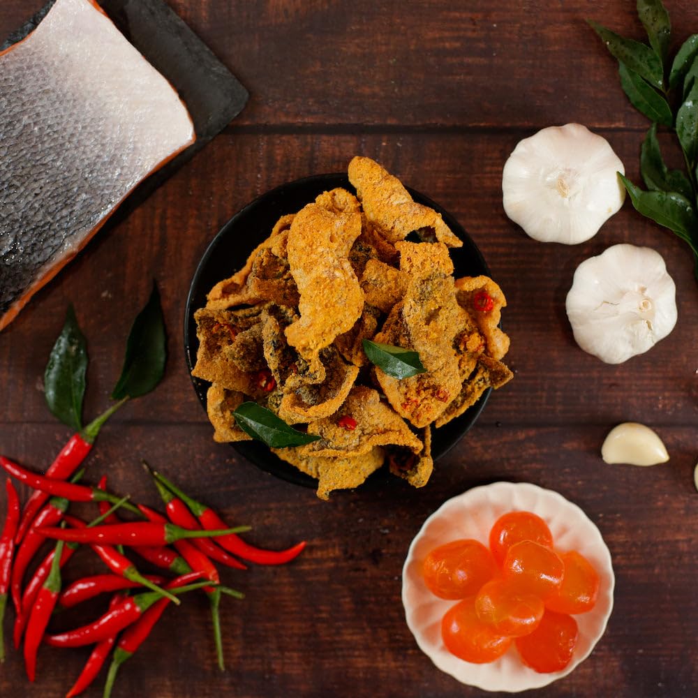 IRVINS Hot Boom Spicy Salted Egg Salmon Skin Chips – Hand Crafted, Halal, Keto-Friendly High-Protein Snack (3x3.3 oz)