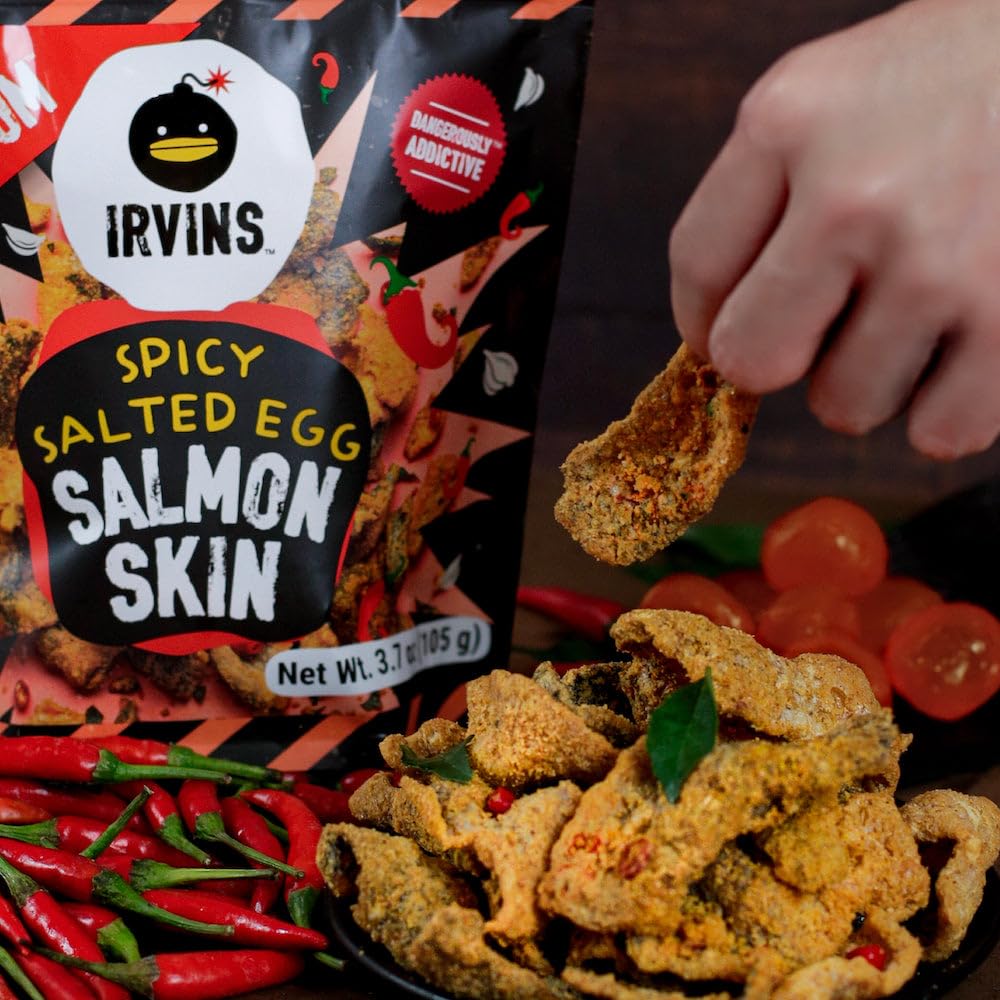IRVINS Hot Boom Spicy Salted Egg Salmon Skin Chips – Hand Crafted, Halal, Keto-Friendly High-Protein Snack (3x3.3 oz)