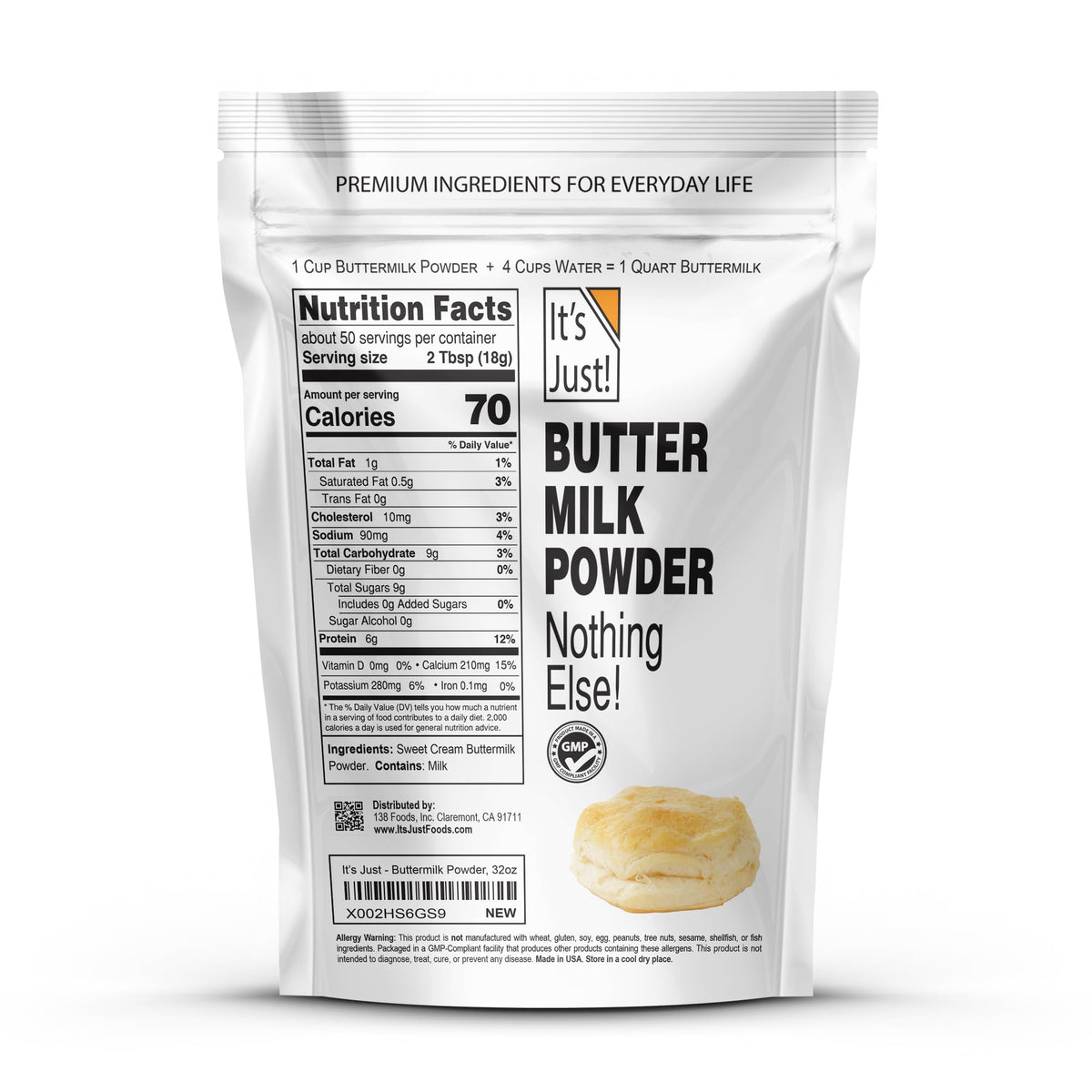 It's Just! Powdered Buttermilk 32oz – rBST Free, Shelf-Stable, Just Add Water