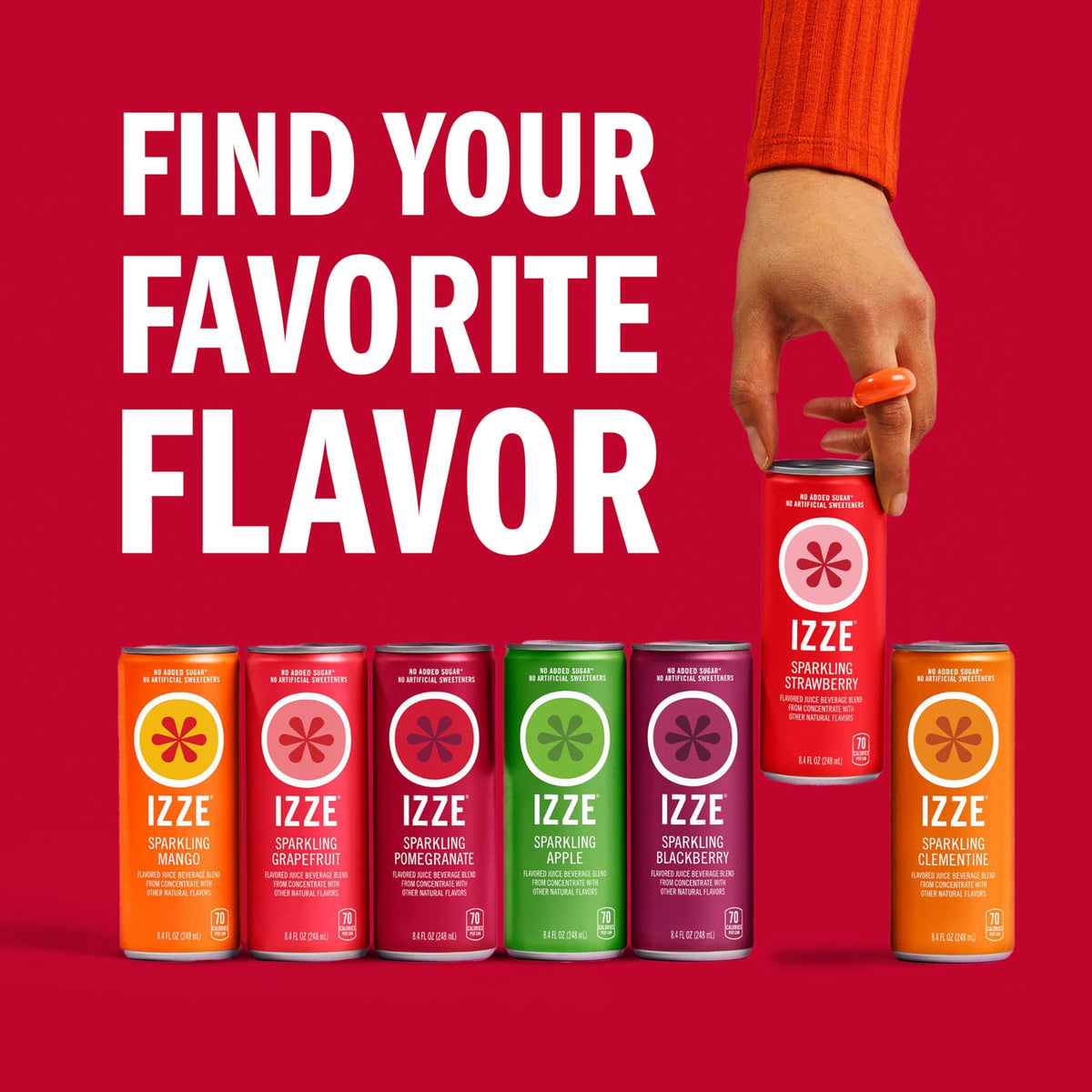 IZZE Strawberry Sparkling Juice Beverage Blend – 60% Real Fruit, No Sugar Added (8.4 oz Can, 24 Pack)