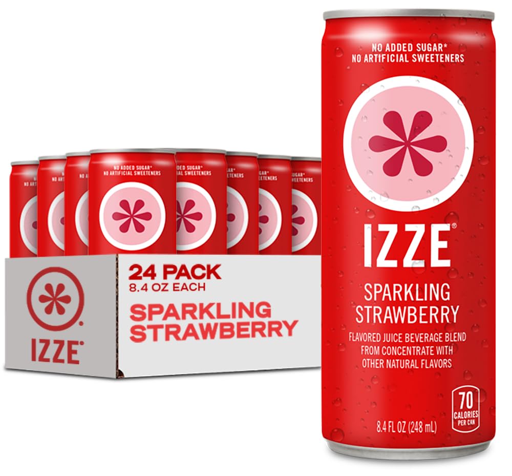IZZE Strawberry Sparkling Juice Beverage Blend – 60% Real Fruit, No Sugar Added (8.4 oz Can, 24 Pack)