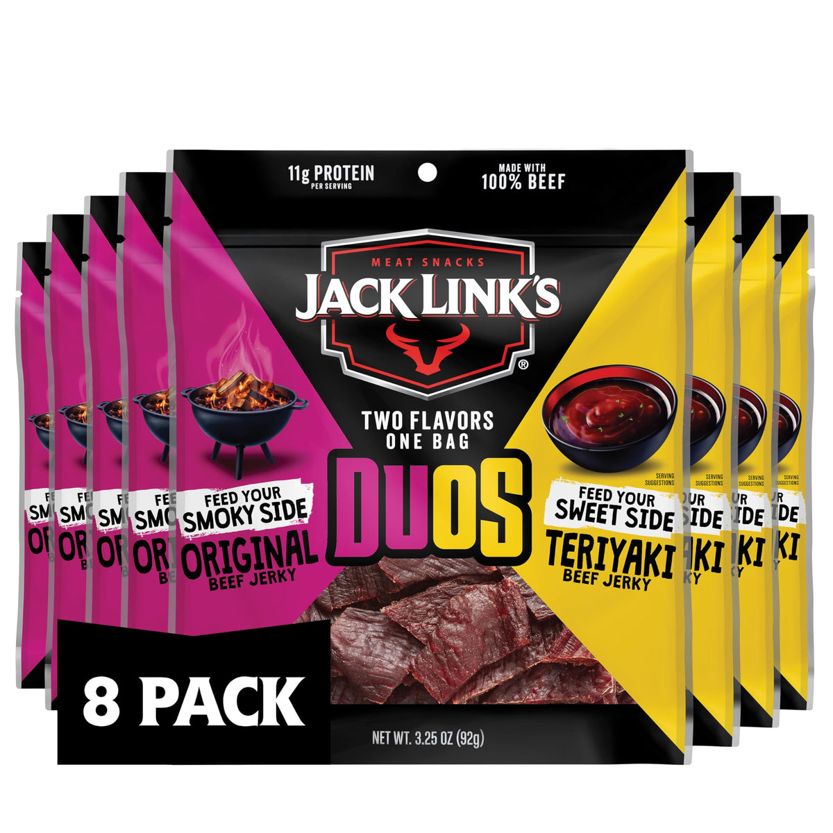 Jack Link's Duos Original/Teriyaki Jerky – 3.25oz Bag, 11g Protein per Serving (8-Pack)