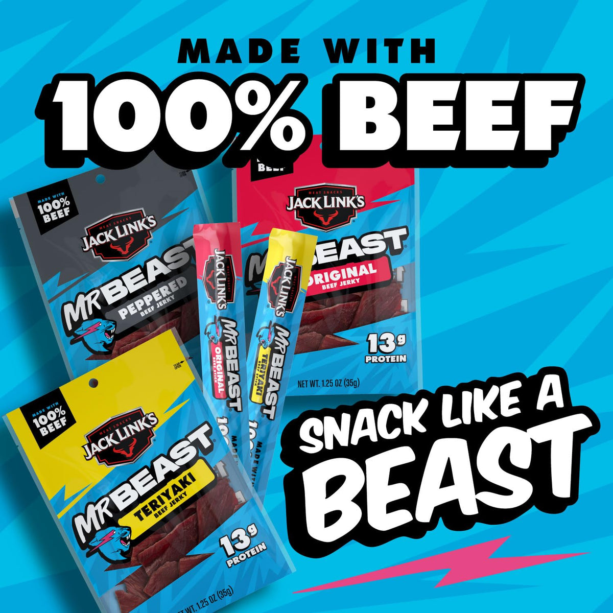 Jack Link's x MrBeast Beef Jerky & Sticks Variety Pack – Original, Peppered & Teriyaki – 9 Count