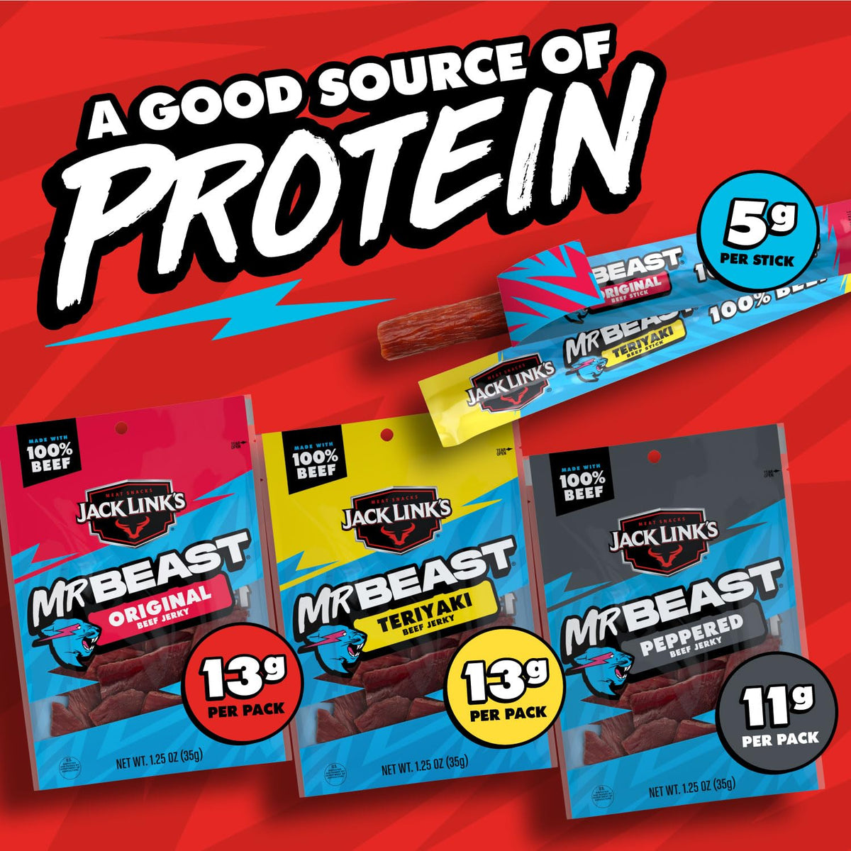 Jack Link's x MrBeast Beef Jerky & Sticks Variety Pack – Original, Peppered & Teriyaki – 9 Count