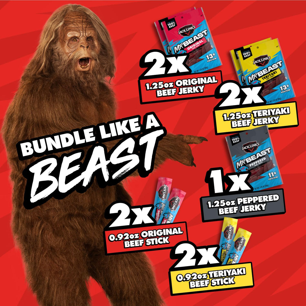 Jack Link's x MrBeast Beef Jerky & Sticks Variety Pack – Original, Peppered & Teriyaki – 9 Count