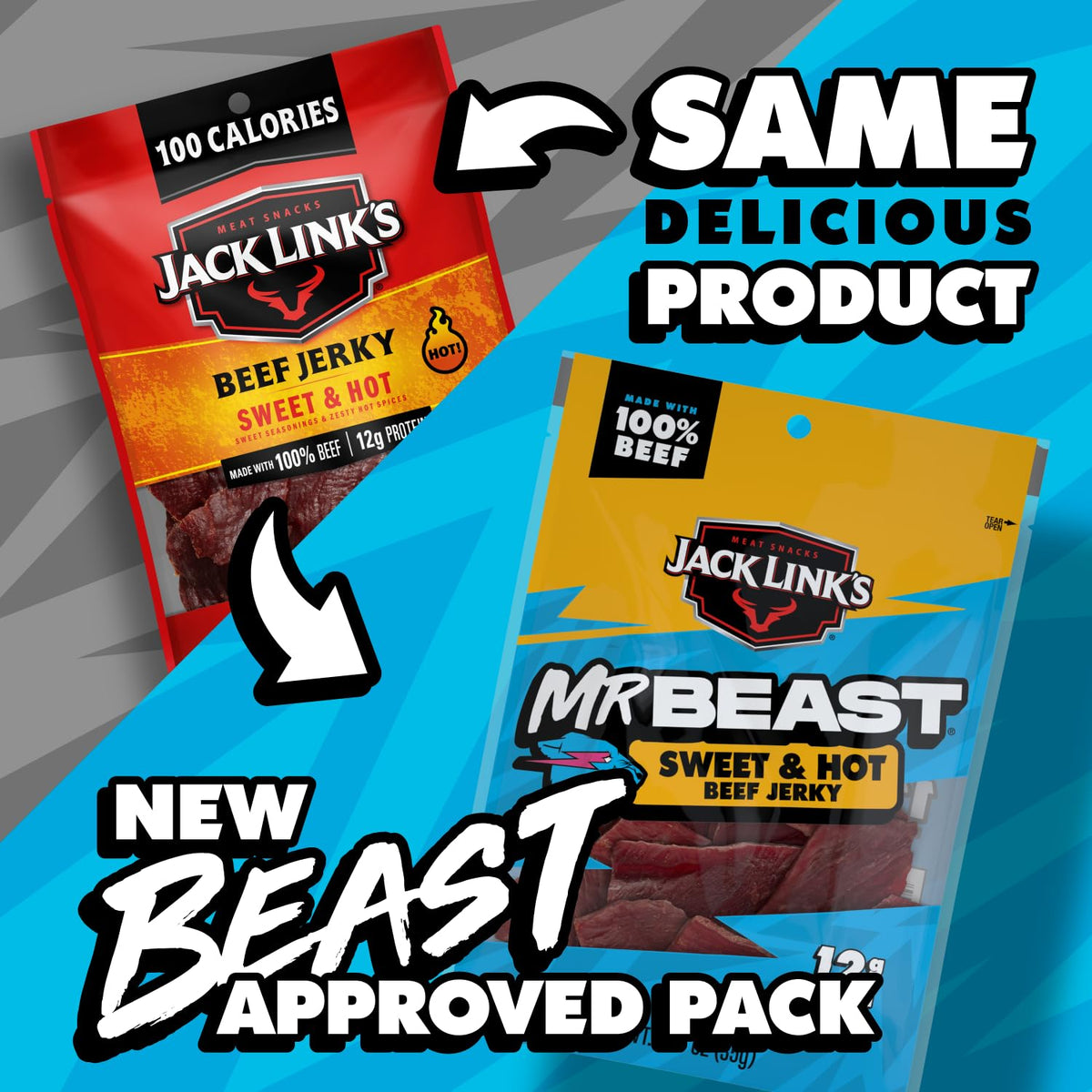 Jack Link's x MrBeast Sweet & Hot Beef Jerky – 10 Pack, 1.25 oz Bags | 12g Protein per Serving