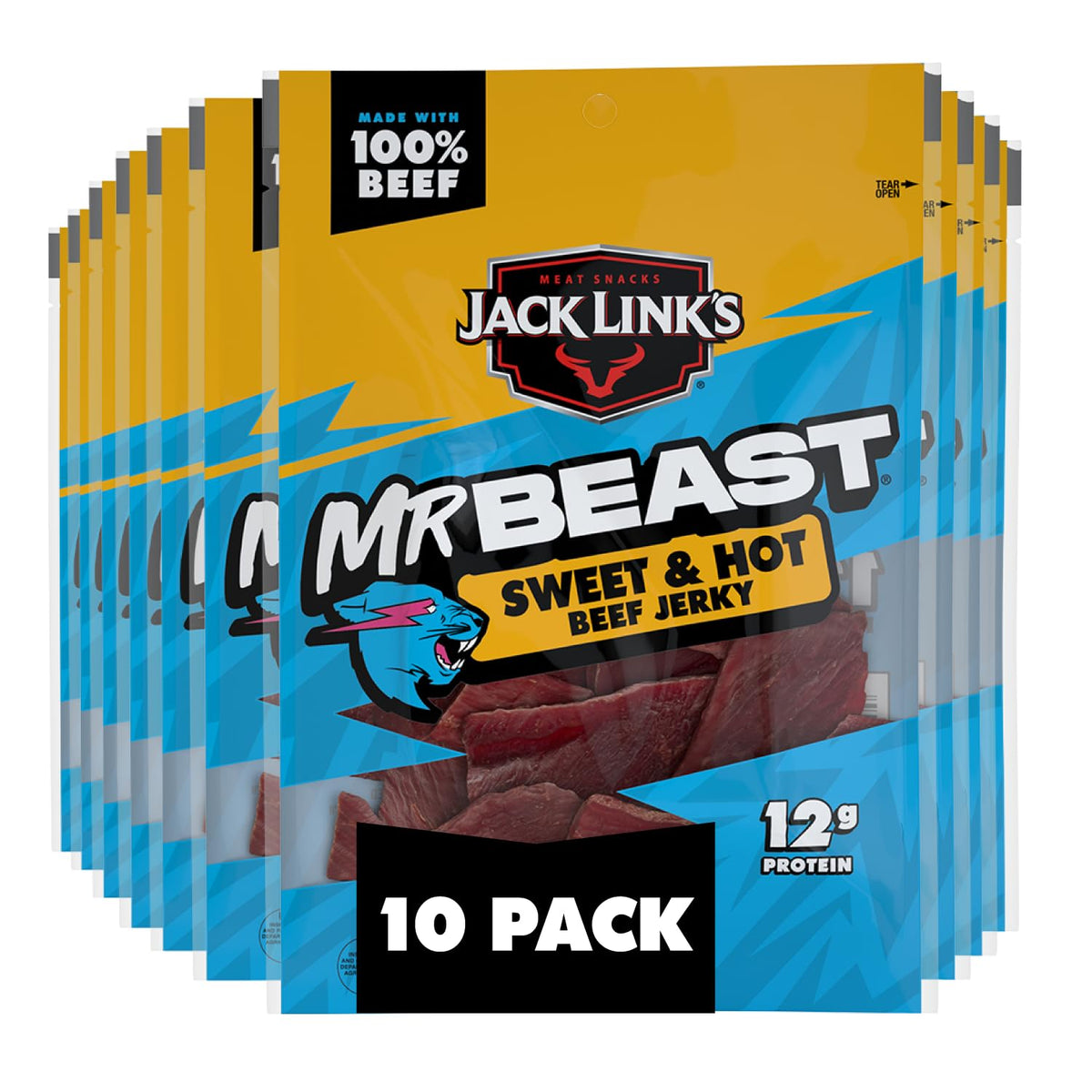 Jack Link's x MrBeast Sweet & Hot Beef Jerky – 10 Pack, 1.25 oz Bags | 12g Protein per Serving