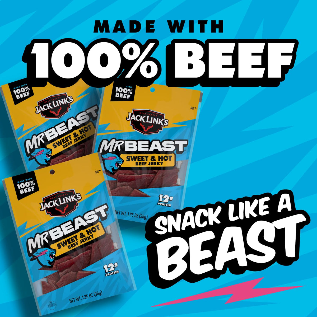 Jack Link's x MrBeast Sweet & Hot Beef Jerky – 10 Pack, 1.25 oz Bags | 12g Protein per Serving