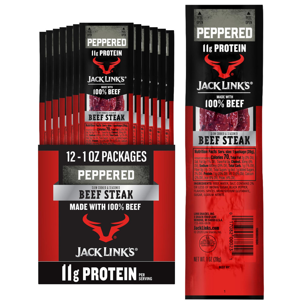Jack Link's Peppered Beef Steaks - 11g Protein per 1oz, 12-Pack Ready-to-Eat Snack