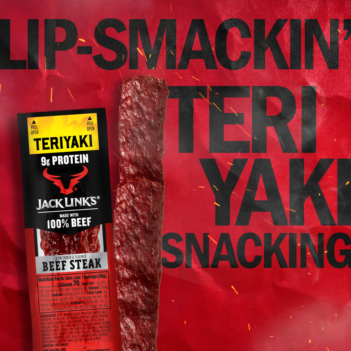 Jack Link's Teriyaki Beef Steaks - Ready-to-Eat 9g Protein per Serving, 12-Count Pack