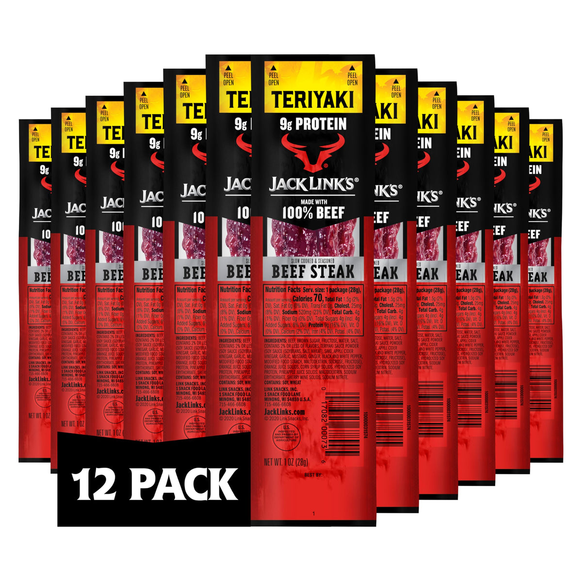 Jack Link's Teriyaki Beef Steaks - Ready-to-Eat 9g Protein per Serving, 12-Count Pack