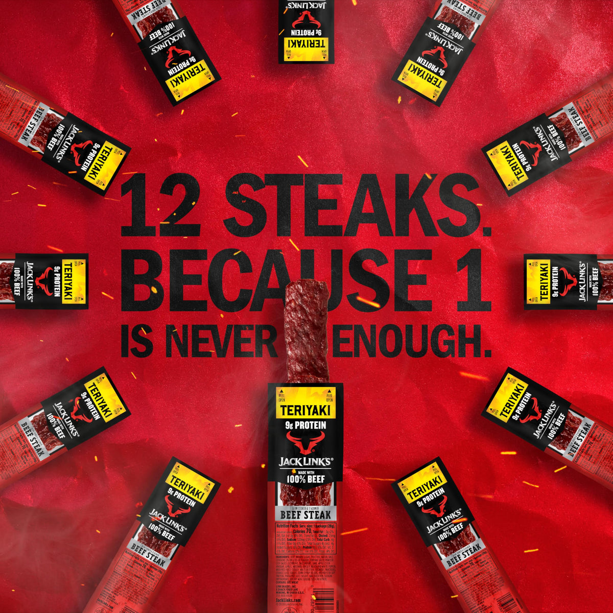 Jack Link's Teriyaki Beef Steaks - Ready-to-Eat 9g Protein per Serving, 12-Count Pack