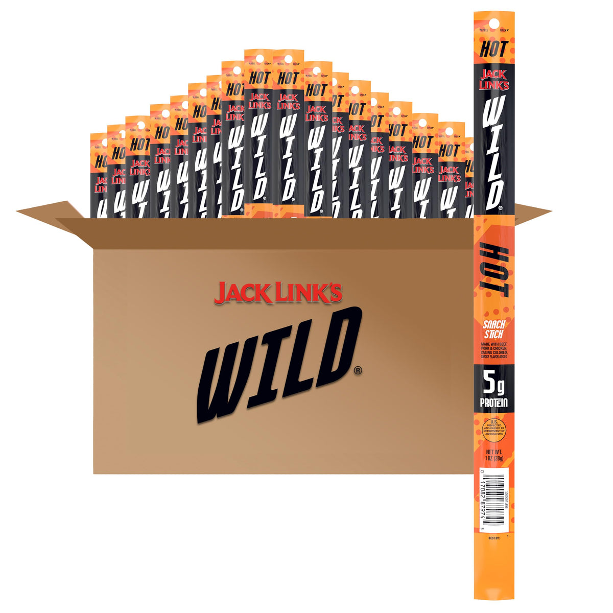 Jack Link's WILD Hot Spicy Jerky Sticks – Ready-to-Eat Protein Snacks, 5g per Serving (20 Pack)