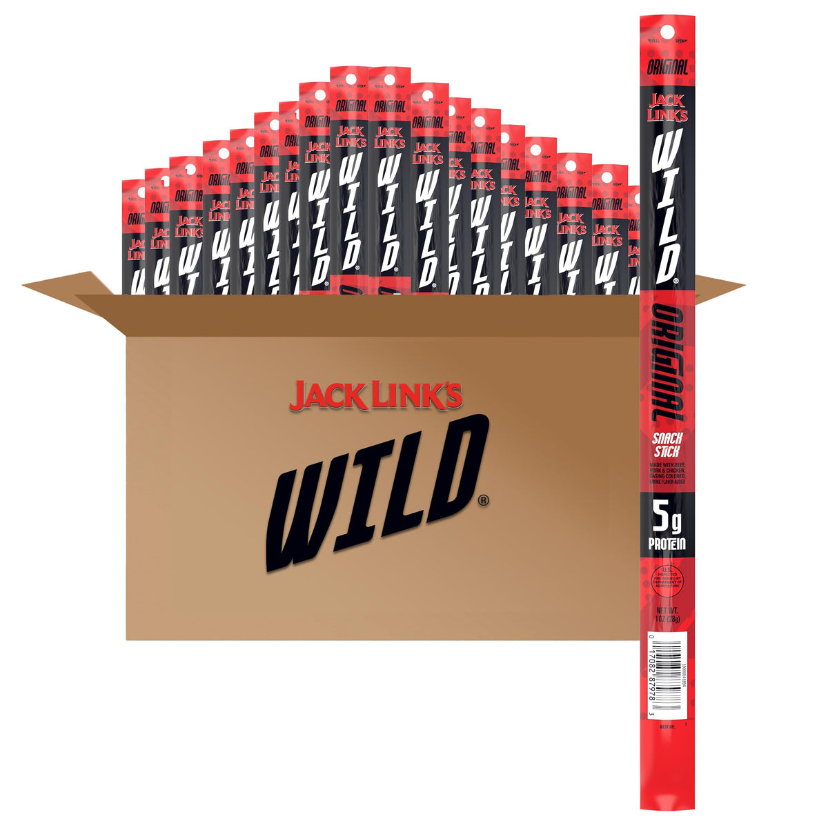 Jack Link's WILD Original Meat Sticks – Ready-to-Eat Protein Snacks | 5g Protein per Serving | 20-Pack