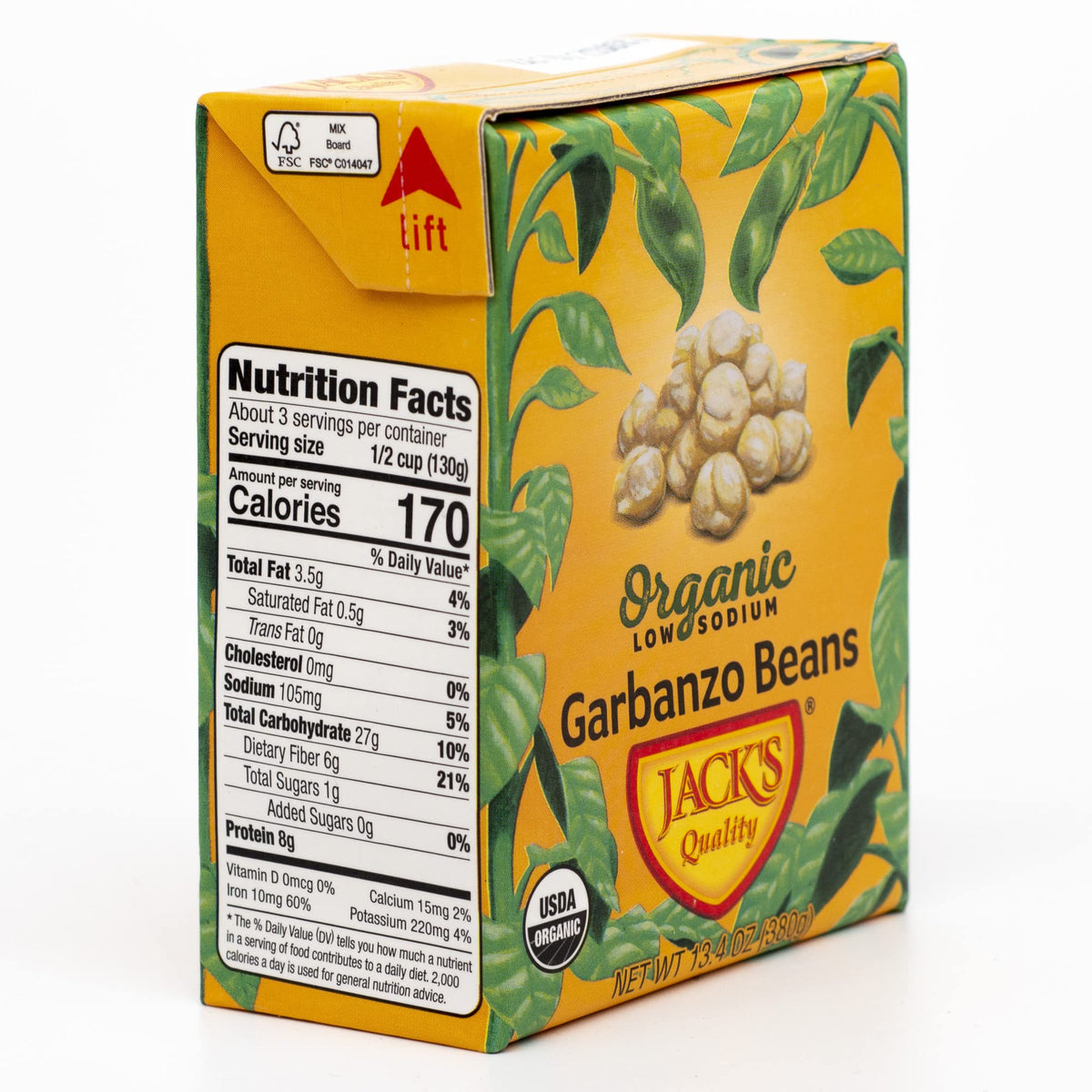 Jack's Organic Chickpeas Garbanzo Beans 13.4 oz (8-Pack) | High Protein, Fiber, Low Sodium | Non-GMO & BPA Free