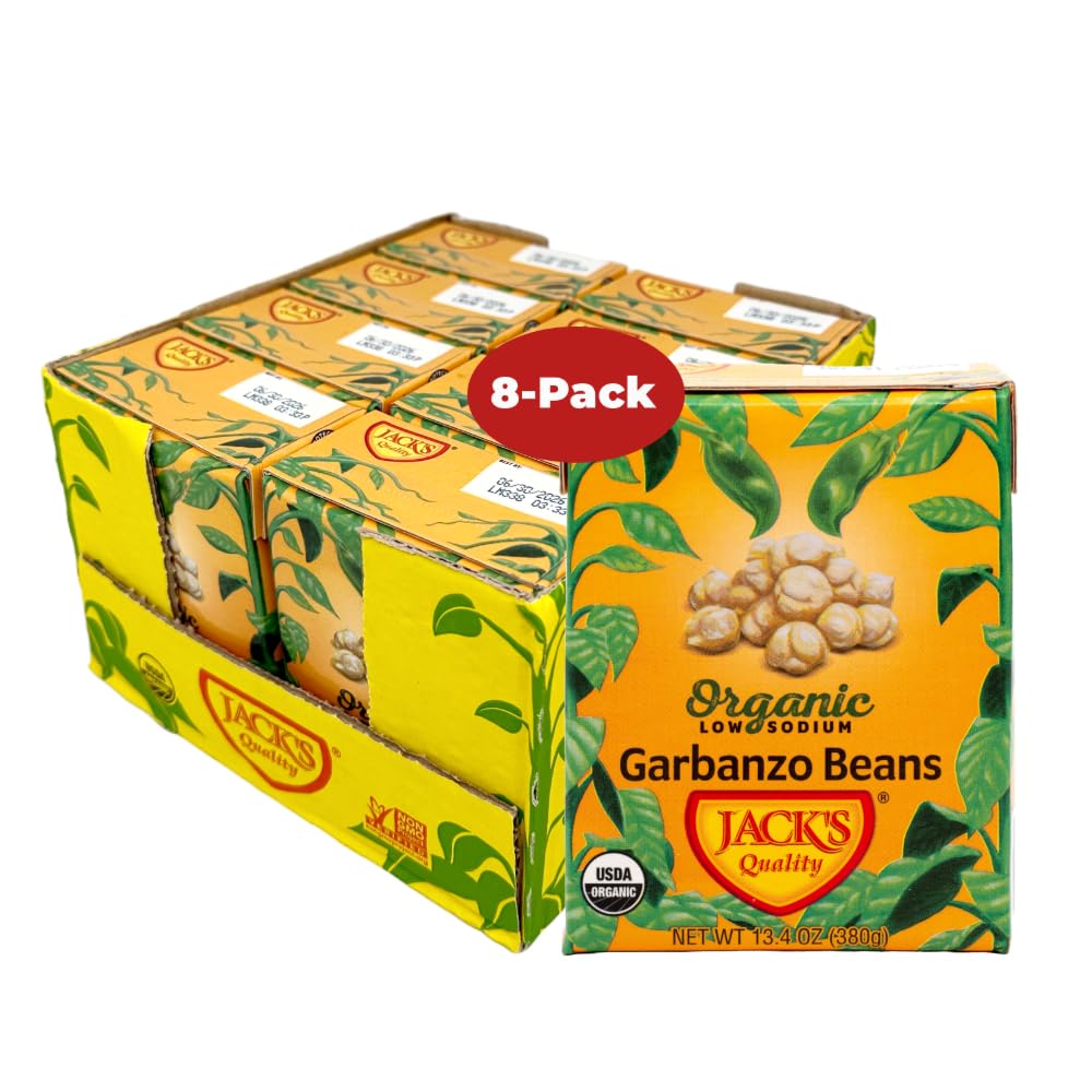 Jack's Organic Chickpeas Garbanzo Beans 13.4 oz (8-Pack) | High Protein, Fiber, Low Sodium | Non-GMO & BPA Free