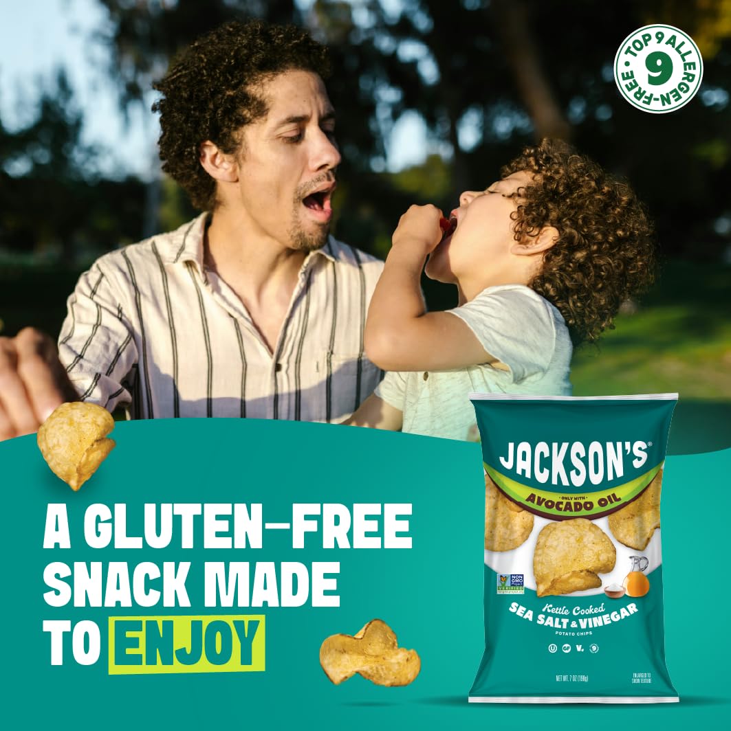 Jackson's Classic Kettle Potato Chips Variety Pack – Avocado Oil, Sea Salt, Salt & Vinegar, BBQ (7 oz x6) | Gluten Free, Vegan