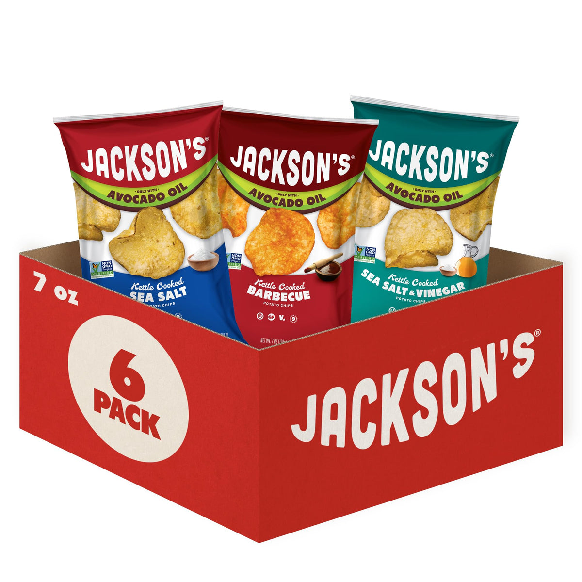 Jackson's Classic Kettle Potato Chips Variety Pack – Avocado Oil, Sea Salt, Salt & Vinegar, BBQ (7 oz x6) | Gluten Free, Vegan