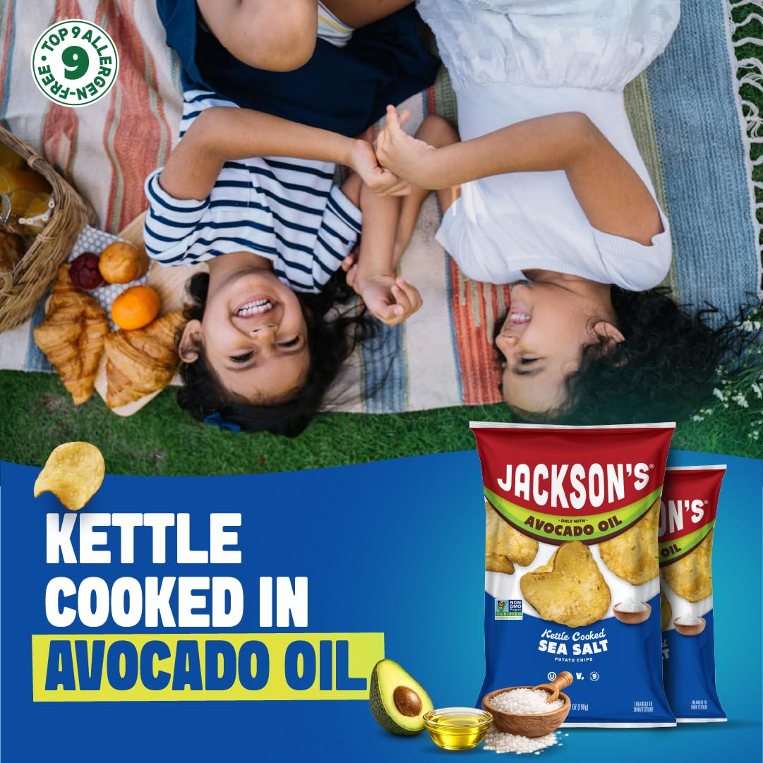 Jackson's Classic Kettle Potato Chips Variety Pack – Avocado Oil, Sea Salt, Salt & Vinegar, BBQ (7 oz x6) | Gluten Free, Vegan