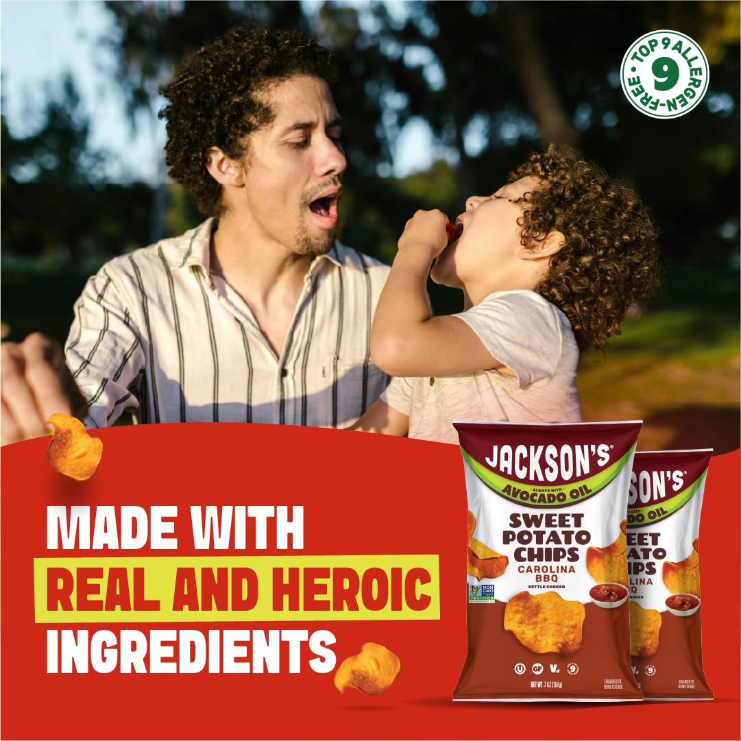 Jackson’s Sweet Potato Kettle Chips Avocado Oil Variety Pack (7oz, Pack of 6) Sea Salt, Ranch & BBQ – Vegan & Gluten Free