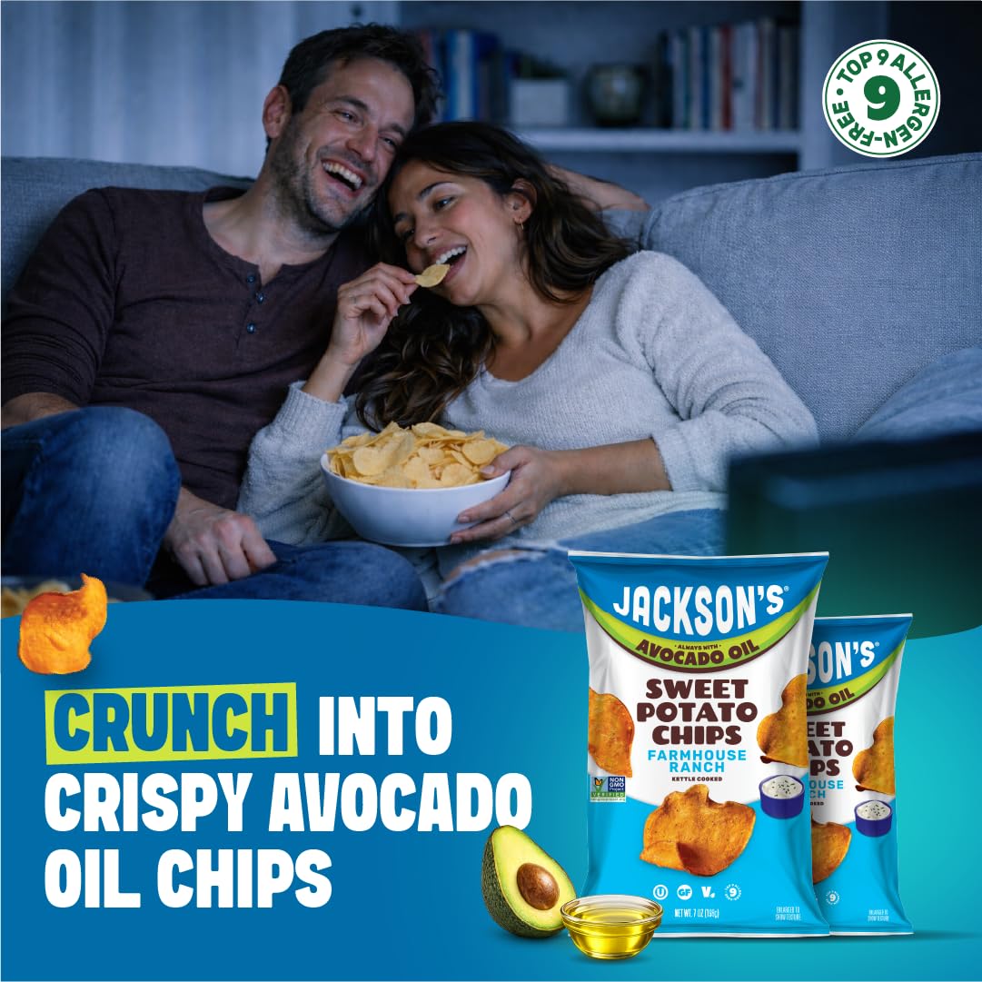 Jackson’s Sweet Potato Kettle Chips Avocado Oil Variety Pack (7oz, Pack of 6) Sea Salt, Ranch & BBQ – Vegan & Gluten Free
