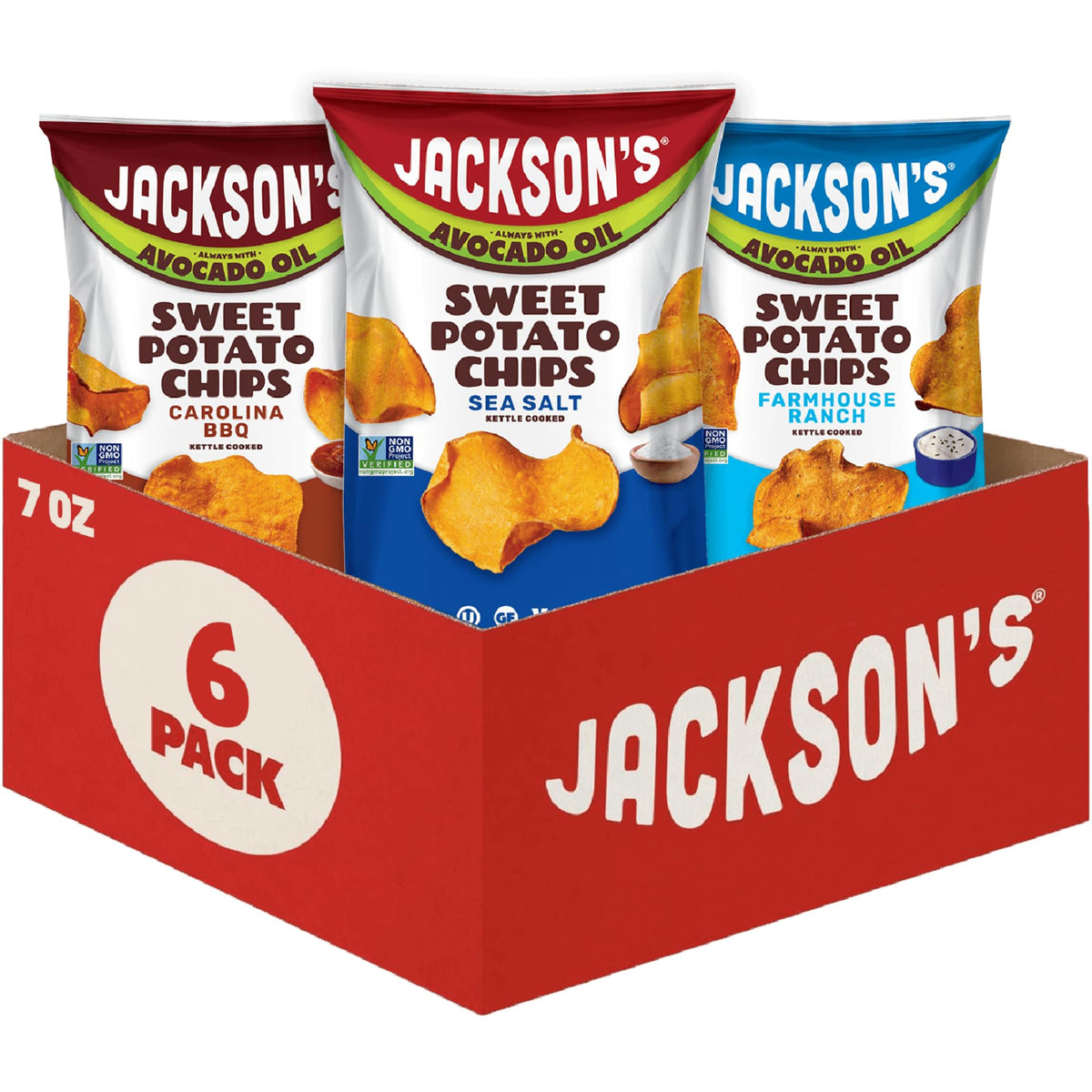 Jackson’s Sweet Potato Kettle Chips Avocado Oil Variety Pack (7oz, Pack of 6) Sea Salt, Ranch & BBQ – Vegan & Gluten Free