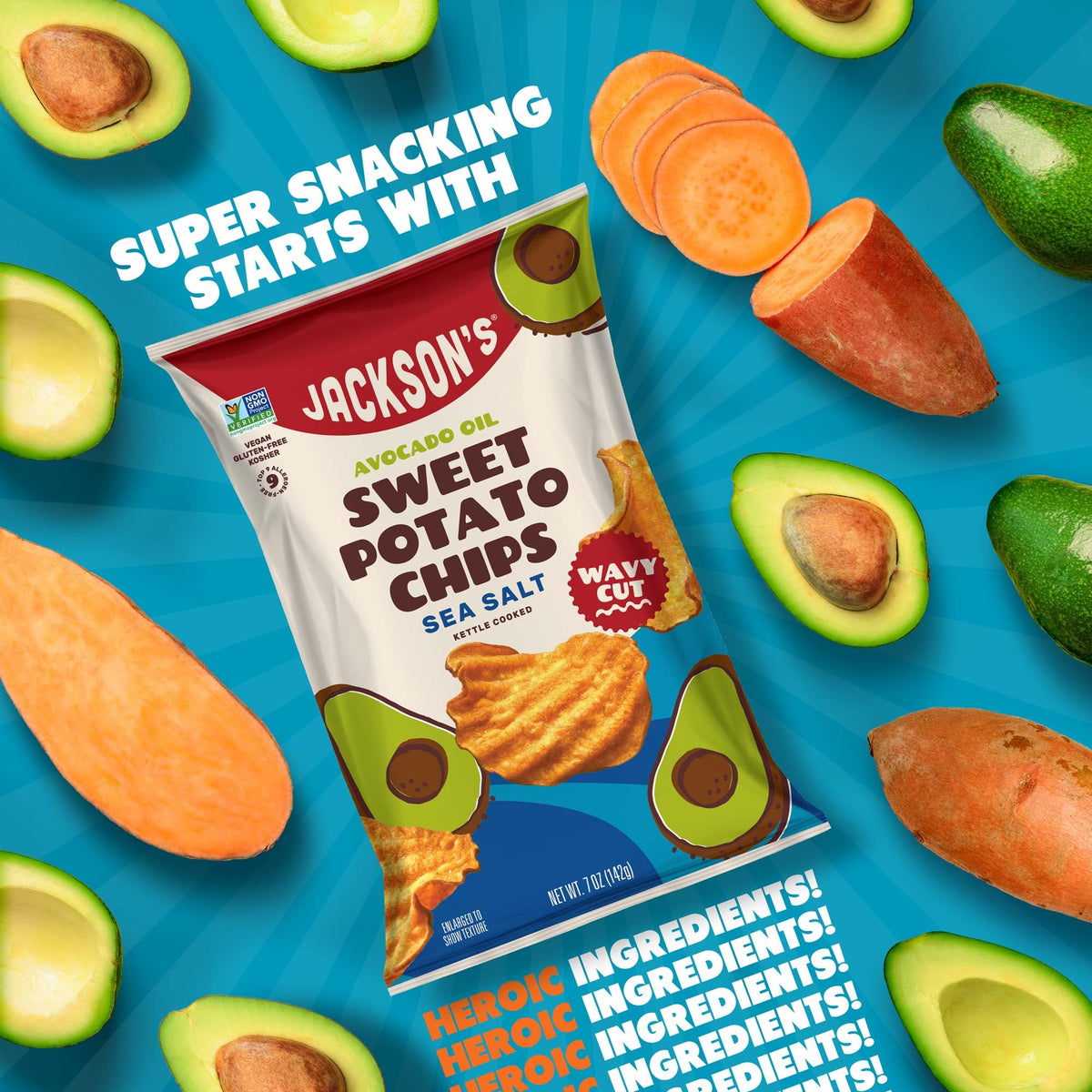 Jackson’s Wavy Sea Salt Sweet Potato Chips — Avocado Oil (7oz x6) | Gluten Free, Vegan