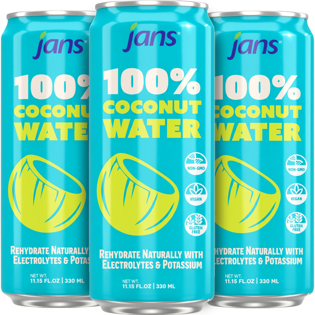 Jans 100% Coconut Water – No Added Sugar, 11.15 oz Cans (Pack of 12)